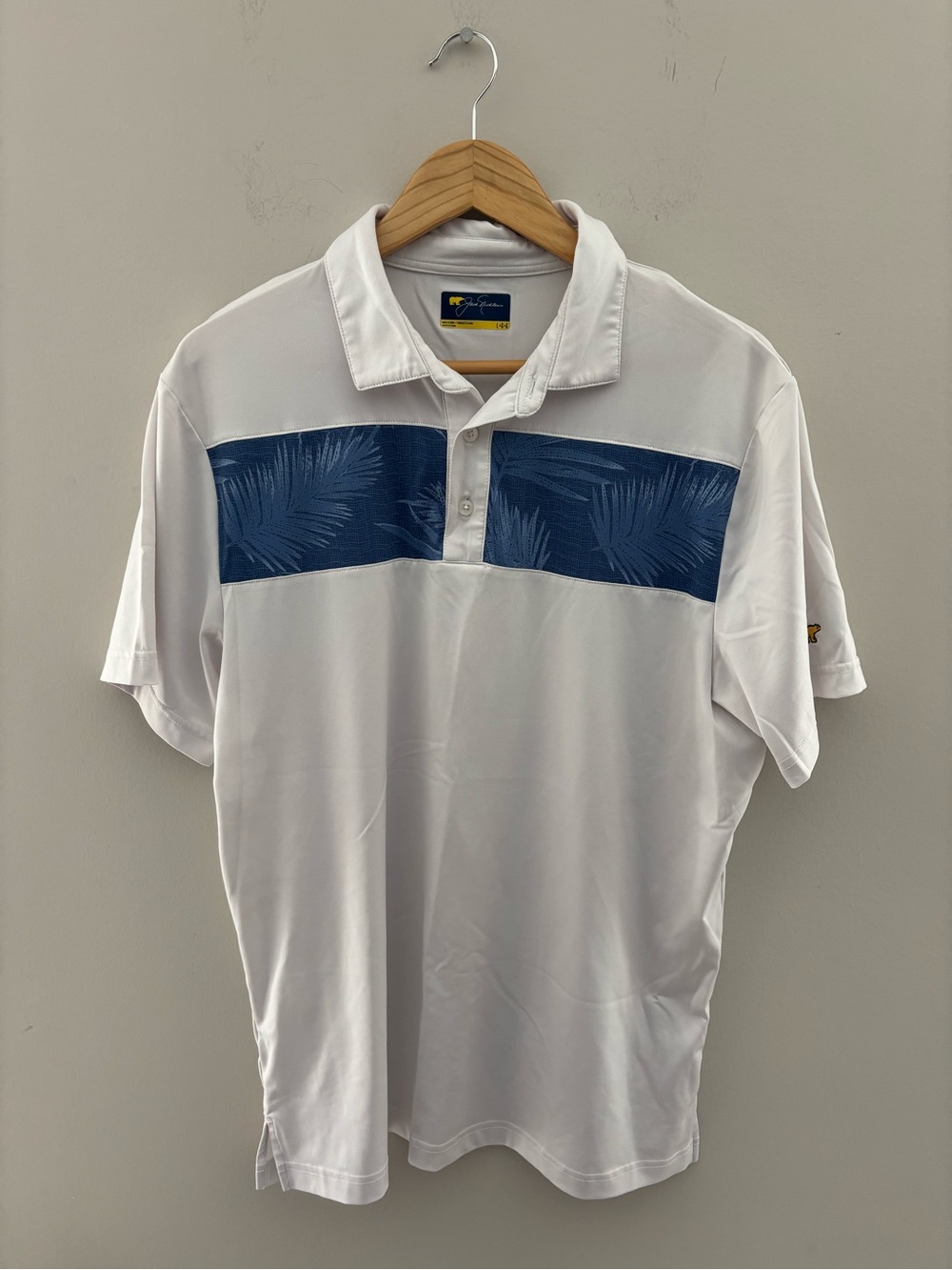 Jack Nicklaus White Golf Polo Shirt Navy Palm Print Stripe Men's